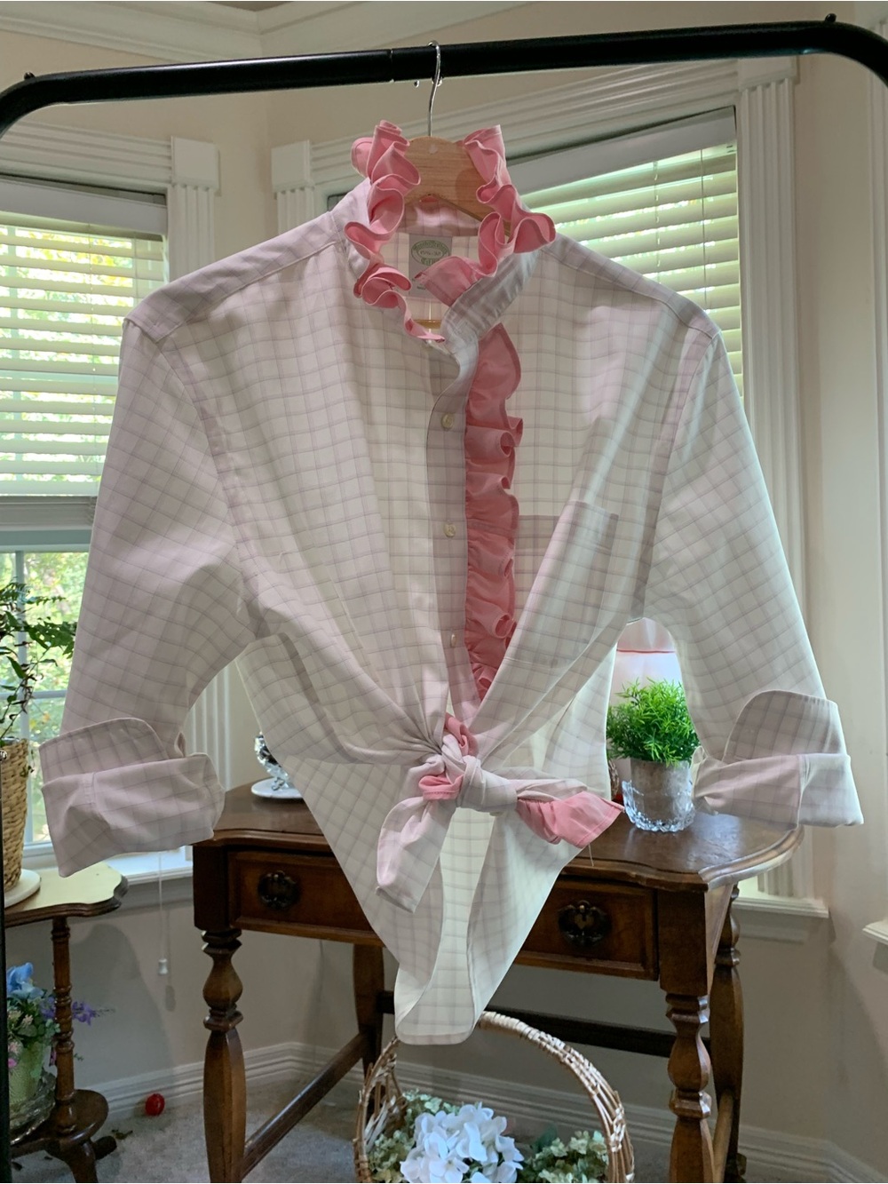 Brooks Brothers White Windowpane Shirt with Pink Ruffle Trim